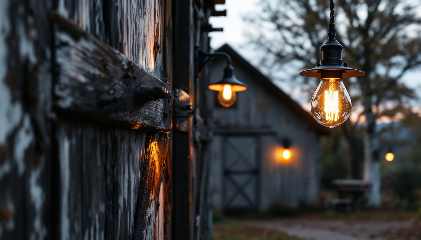 A photograph of a beautifully designed barn light illuminating a rustic outdoor setting