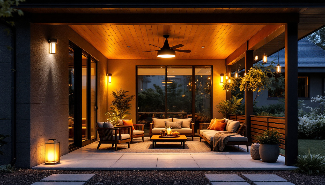 A photograph of a stylish outdoor porch featuring modern ceiling lights