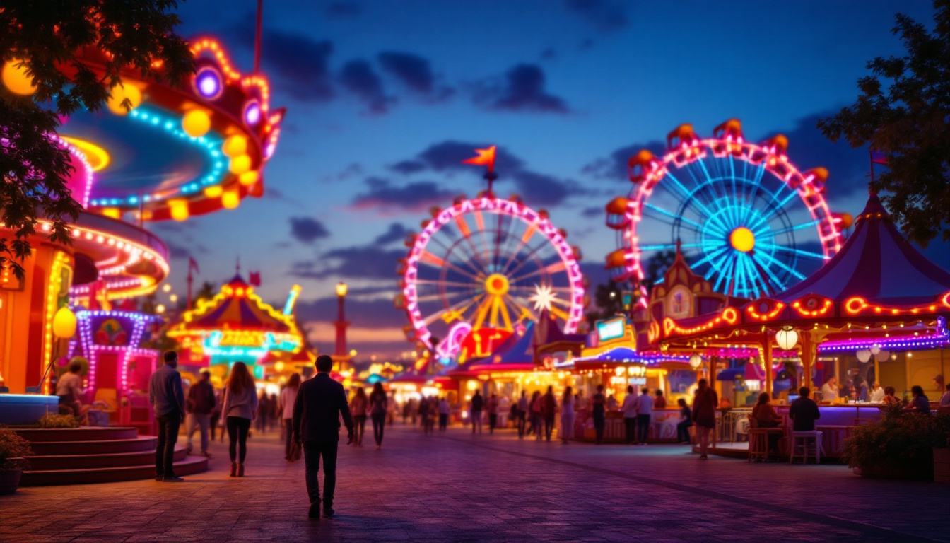A photograph of capture a photograph of a vibrant carnival scene at dusk