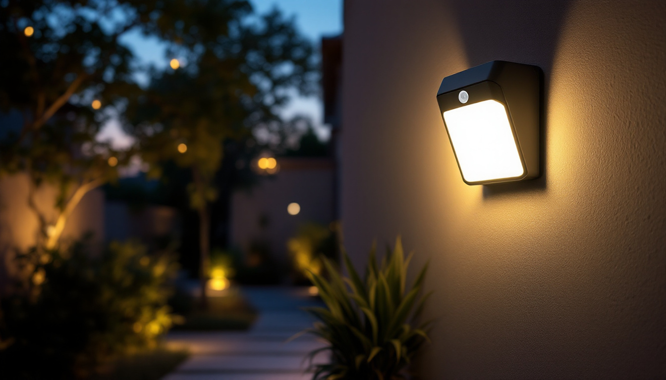 A photograph of a well-lit outdoor scene at dusk featuring a modern exterior led motion sensor light illuminating a pathway or entrance