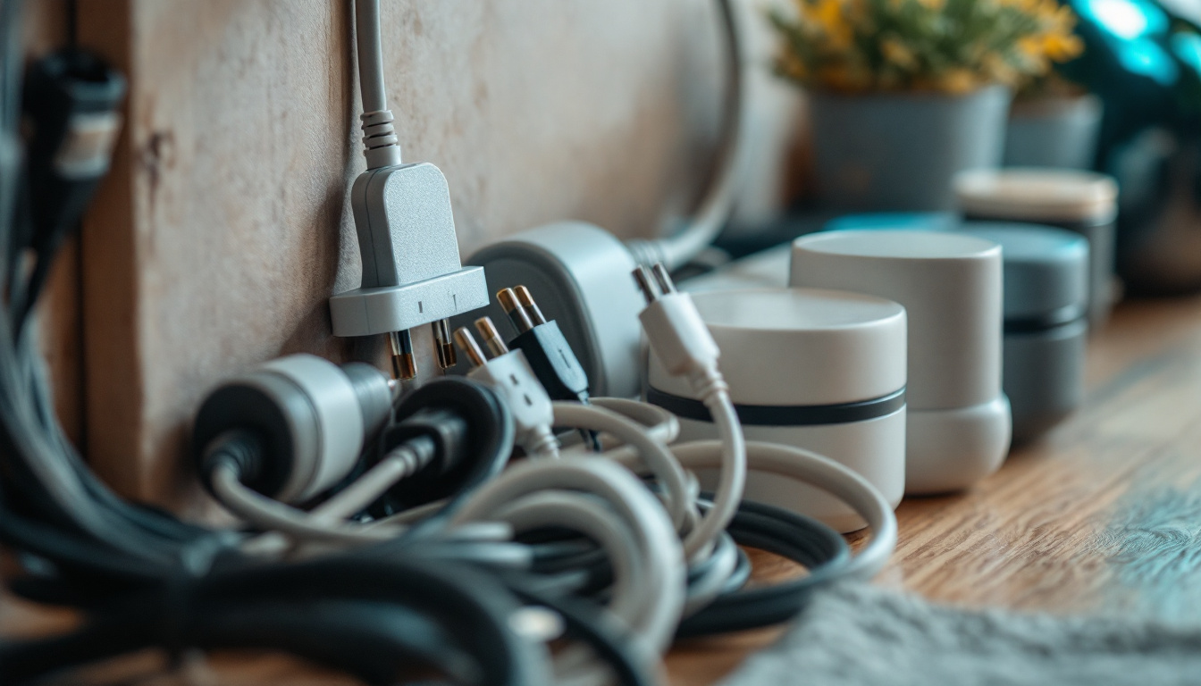 A photograph of a close-up of various power supply cords neatly organized alongside energy-efficient appliances and eco-friendly products