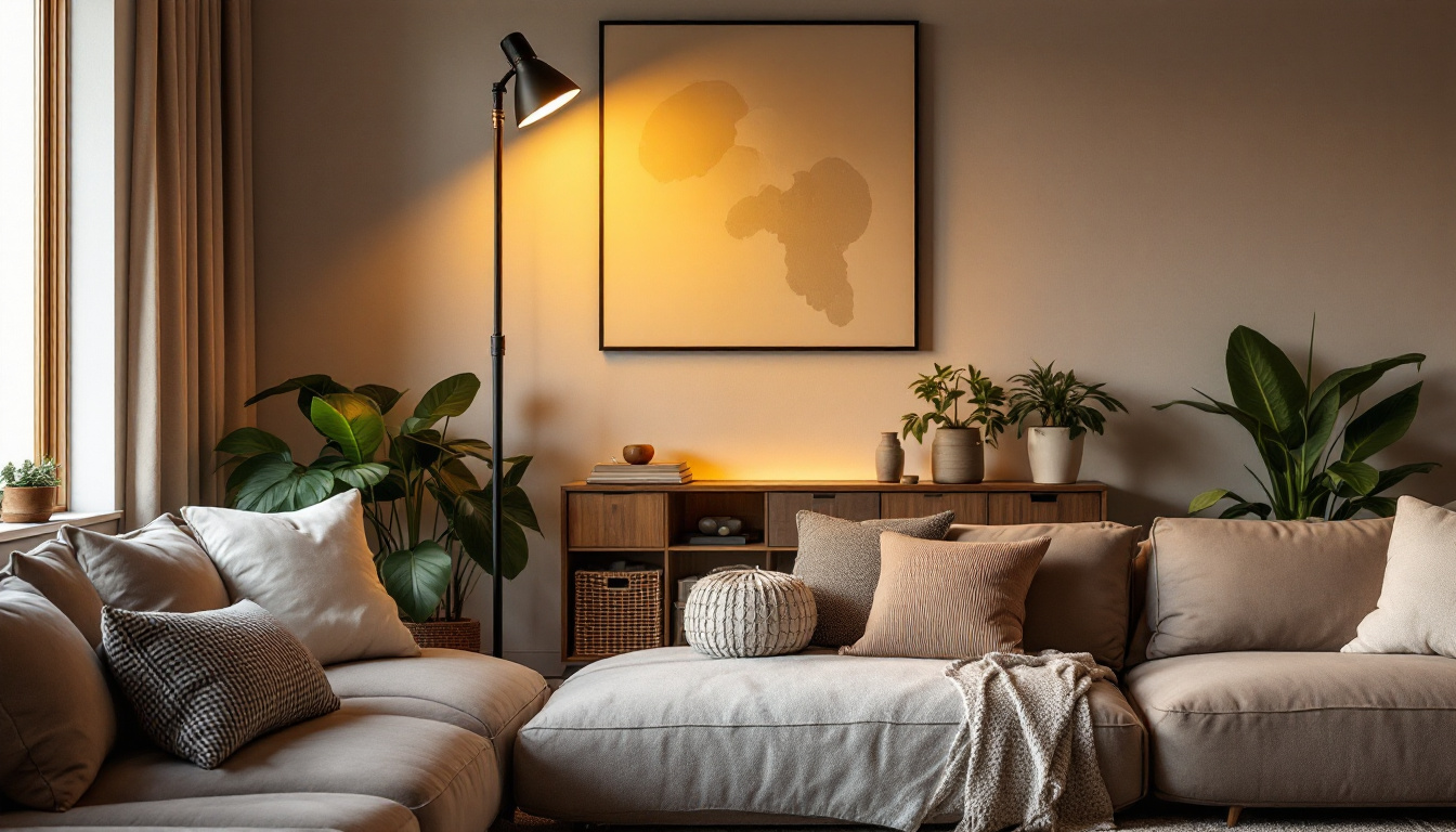 A photograph of a stylish industrial floor lamp in a thoughtfully designed living space