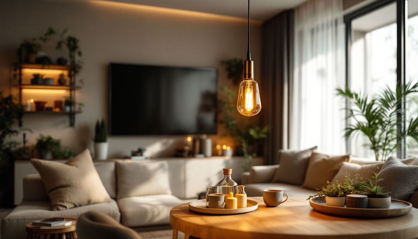 A photograph of a beautifully lit pendant chandelier in a modern living space