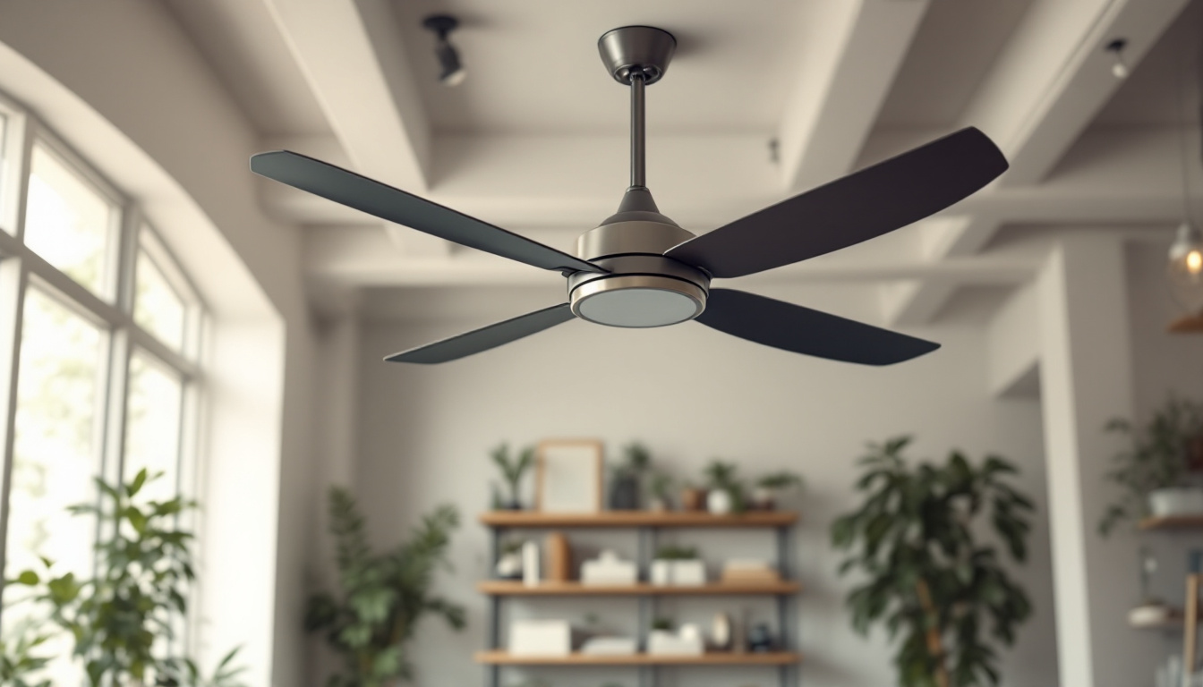 A photograph of capture a photograph of a sleek industrial ceiling fan in a spacious