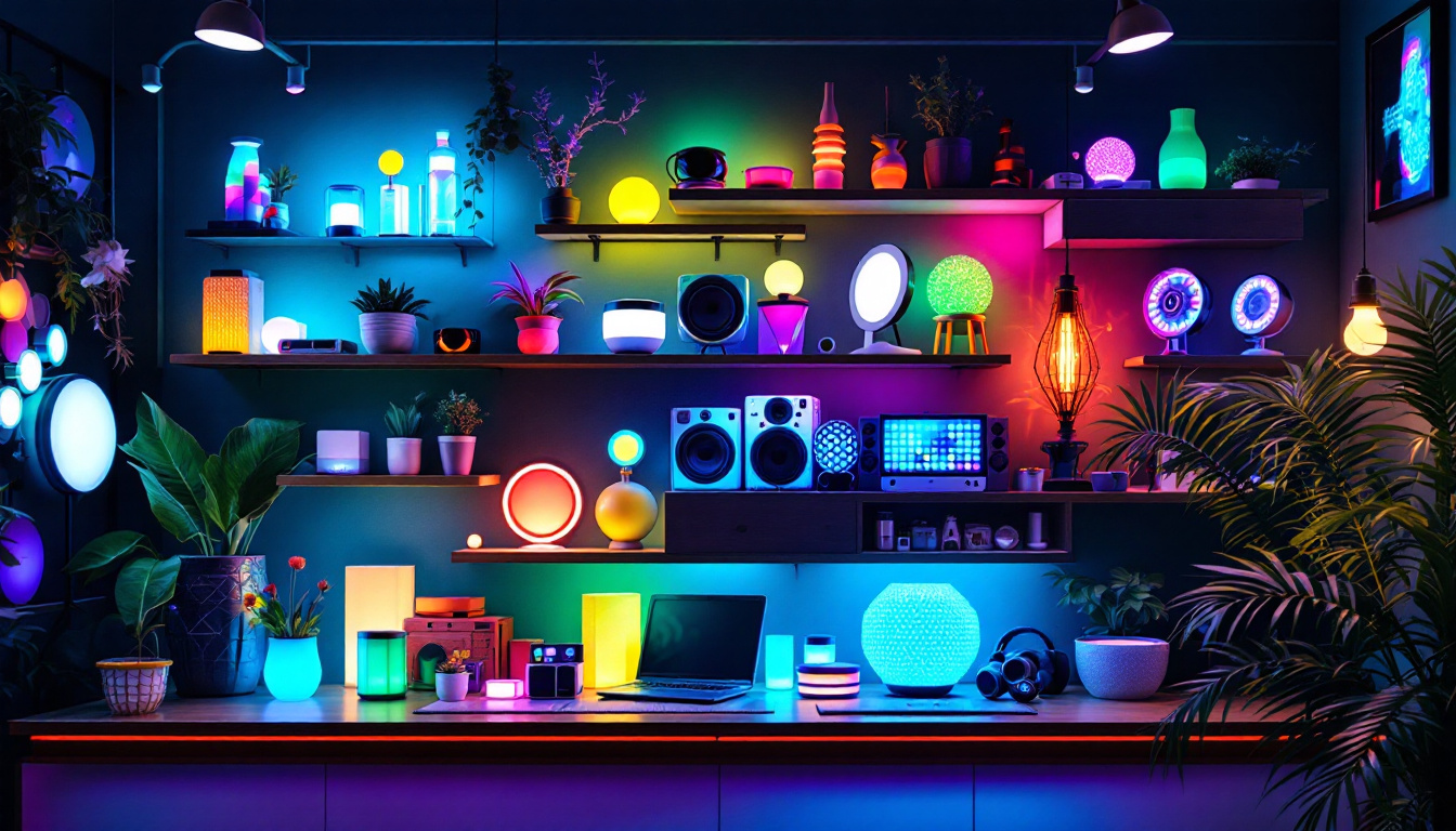 A photograph of a vibrant online led store display featuring a variety of colorful led products