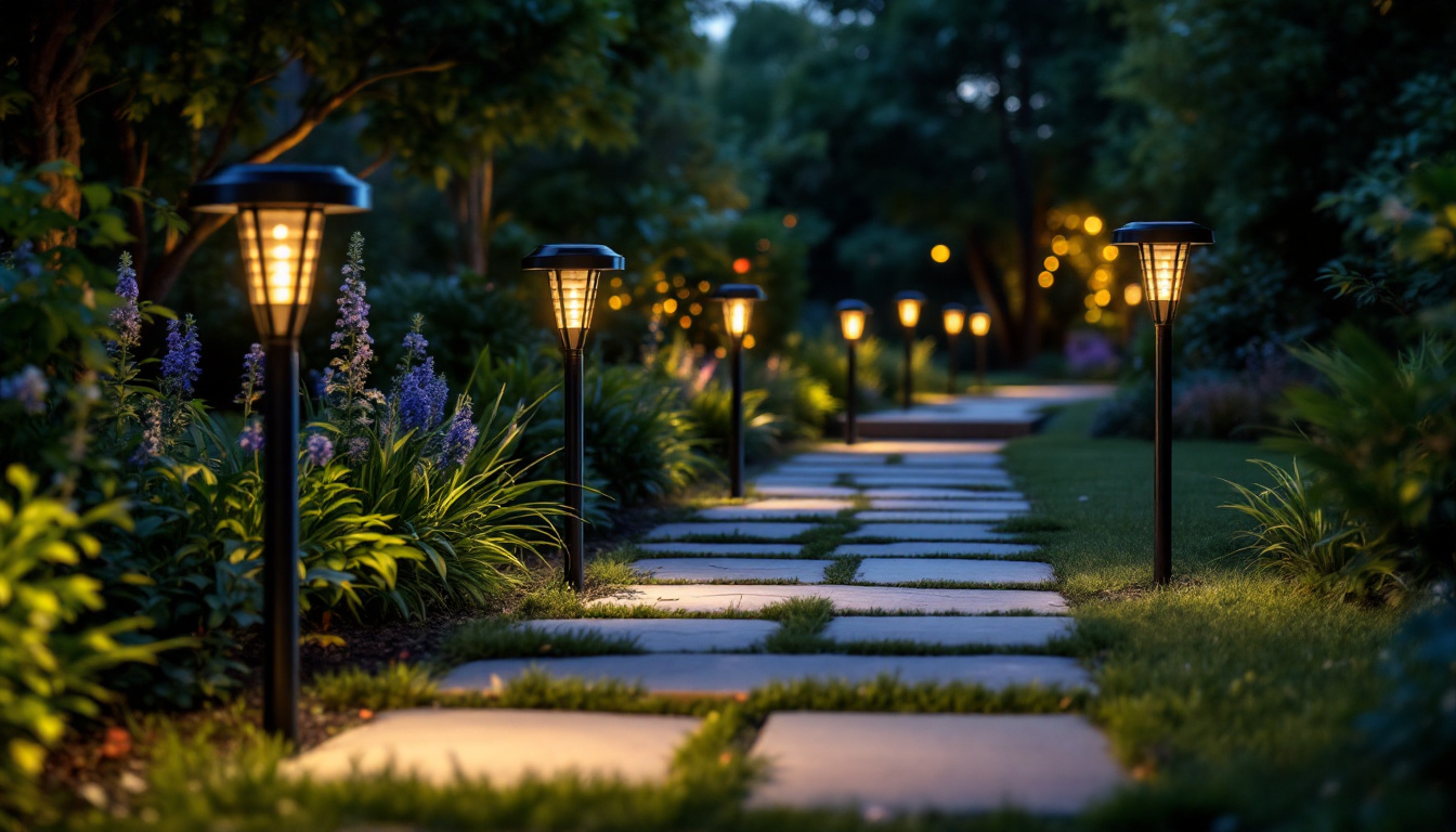 A photograph of a beautifully illuminated garden pathway at dusk