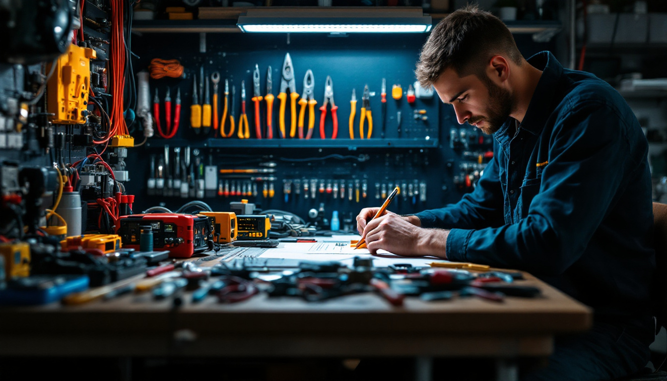 A photograph of a well-organized workspace featuring a variety of high-quality wiring tools in use