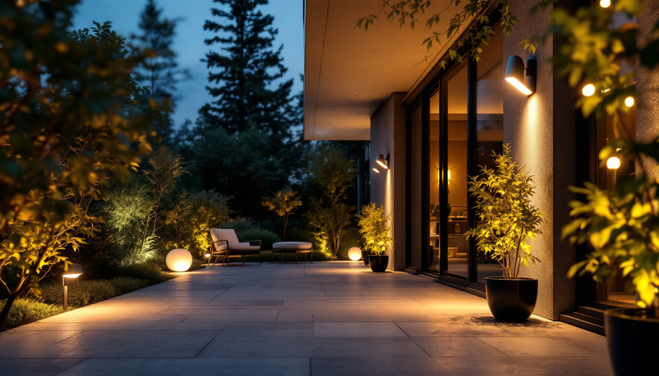 A photograph of a beautifully illuminated outdoor space featuring modern lighting fixtures that showcase innovative designs and energy-efficient technology