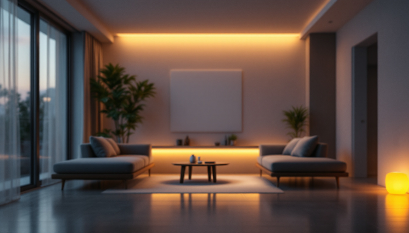 A photograph of a beautifully designed interior space illuminated by plug-in led lights