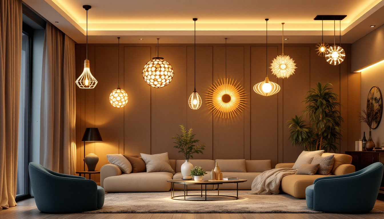 A photograph of a beautifully designed room showcasing various ceiling light fixtures in action