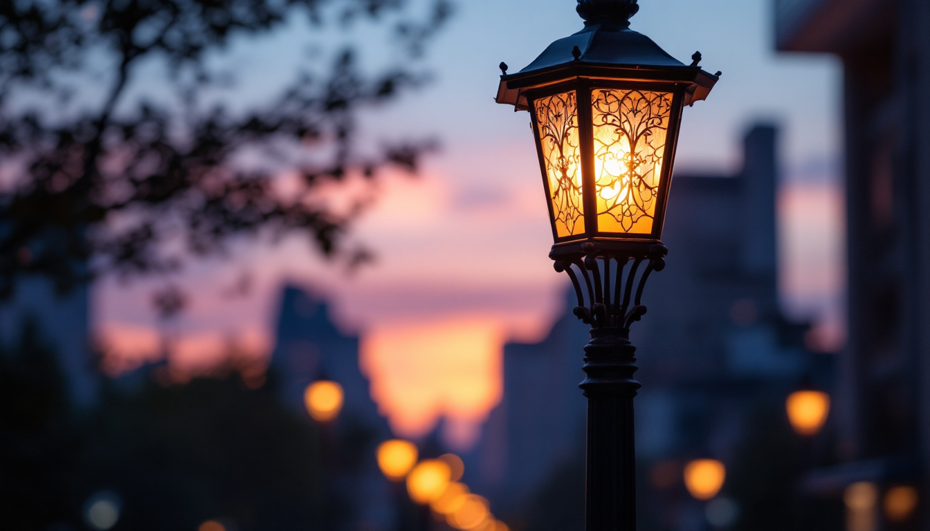 A photograph of a beautifully illuminated lantern post at dusk
