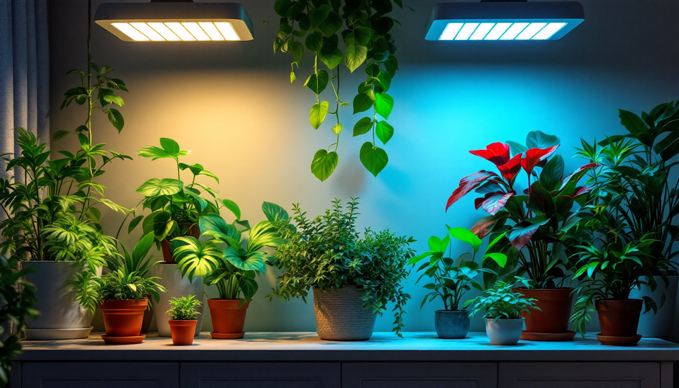 A photograph of a beautifully arranged indoor plant setup illuminated by affordable grow lamps