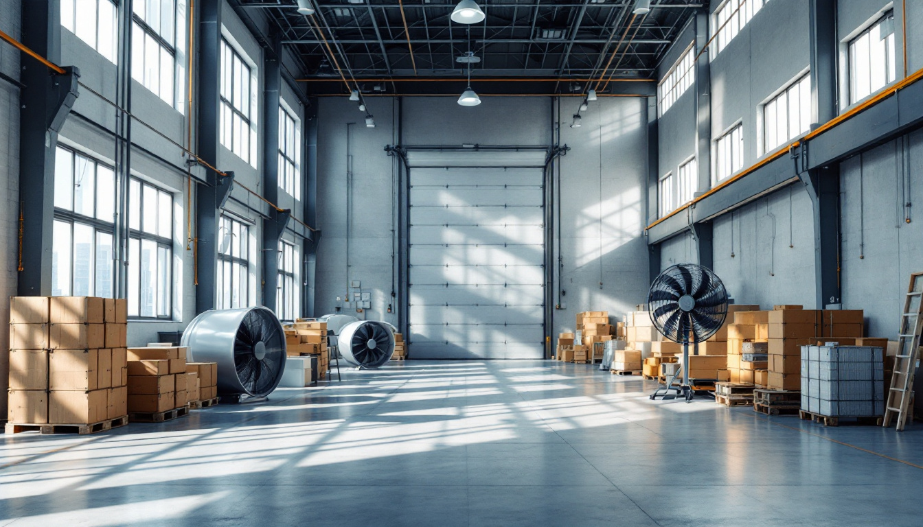 A photograph of a spacious warehouse interior showcasing sleek industrial fans in action