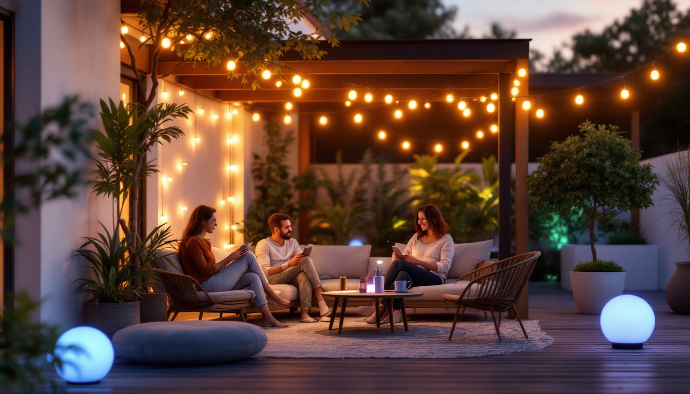 A photograph of a beautifully illuminated outdoor space featuring portable lighting solutions