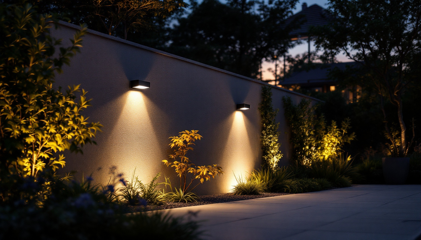 A photograph of a beautifully illuminated outdoor space featuring wall-mounted solar lights in action at dusk