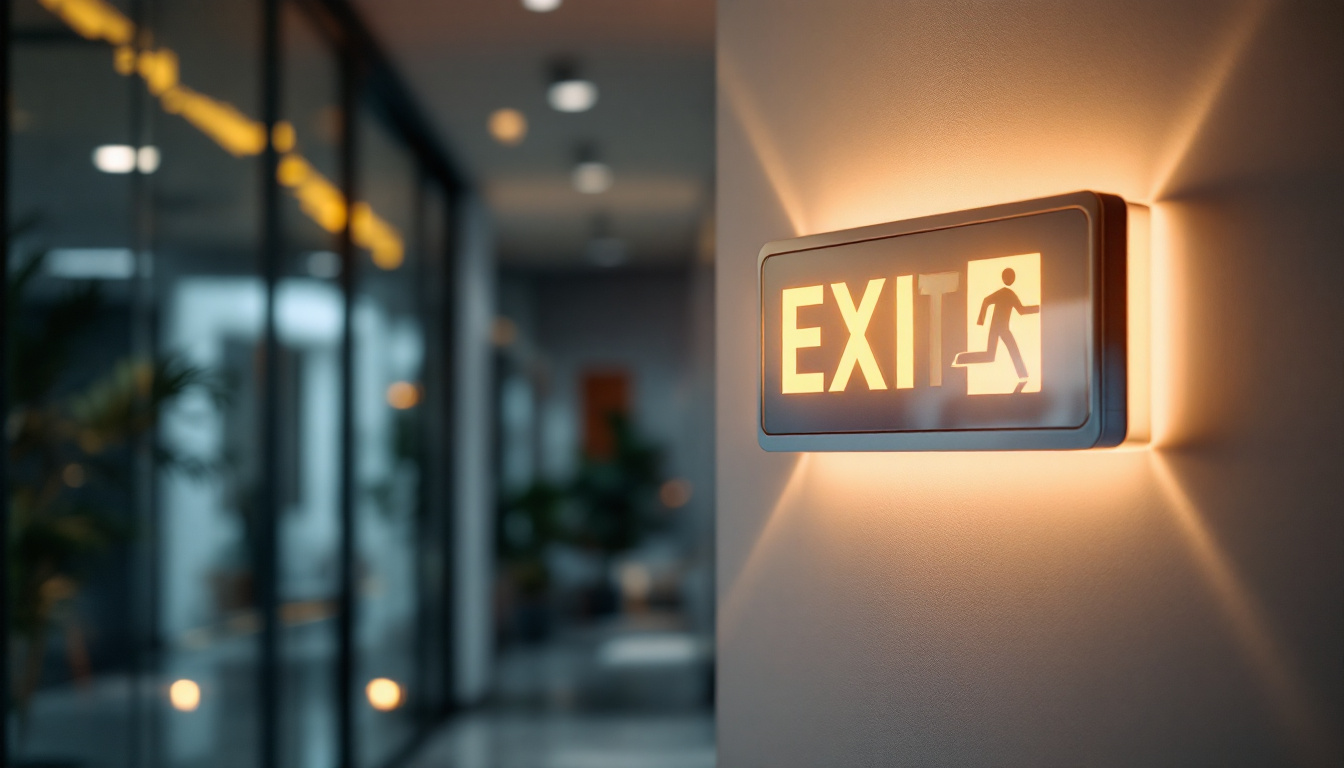 A photograph of a modern emergency exit sign in a well-lit