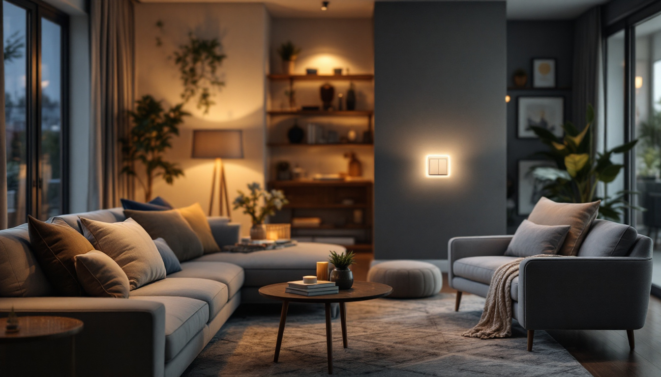 A photograph of a beautifully designed living space featuring a leviton dimming switch in action