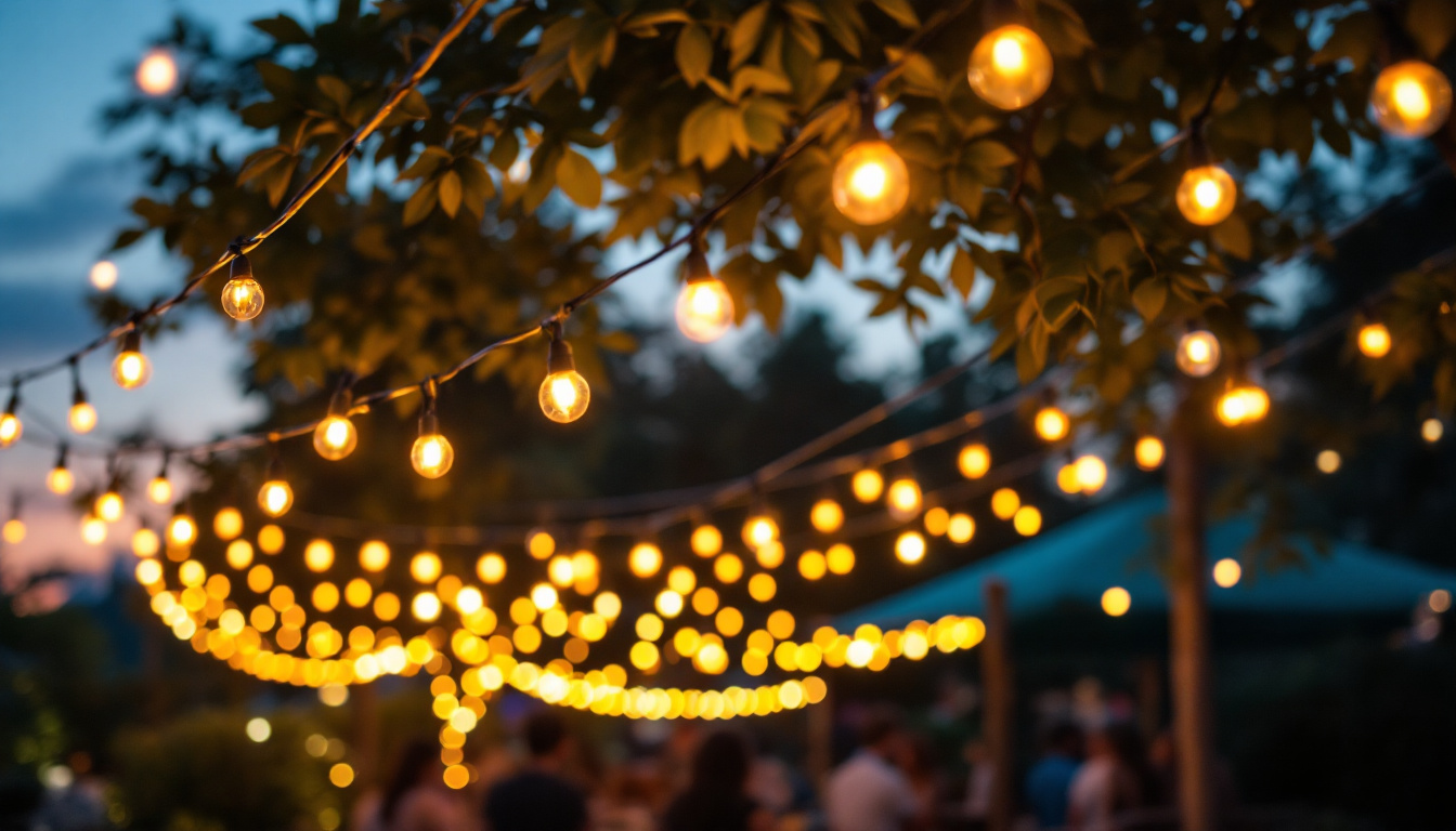 A photograph of a beautifully lit outdoor space adorned with various styles of string lights