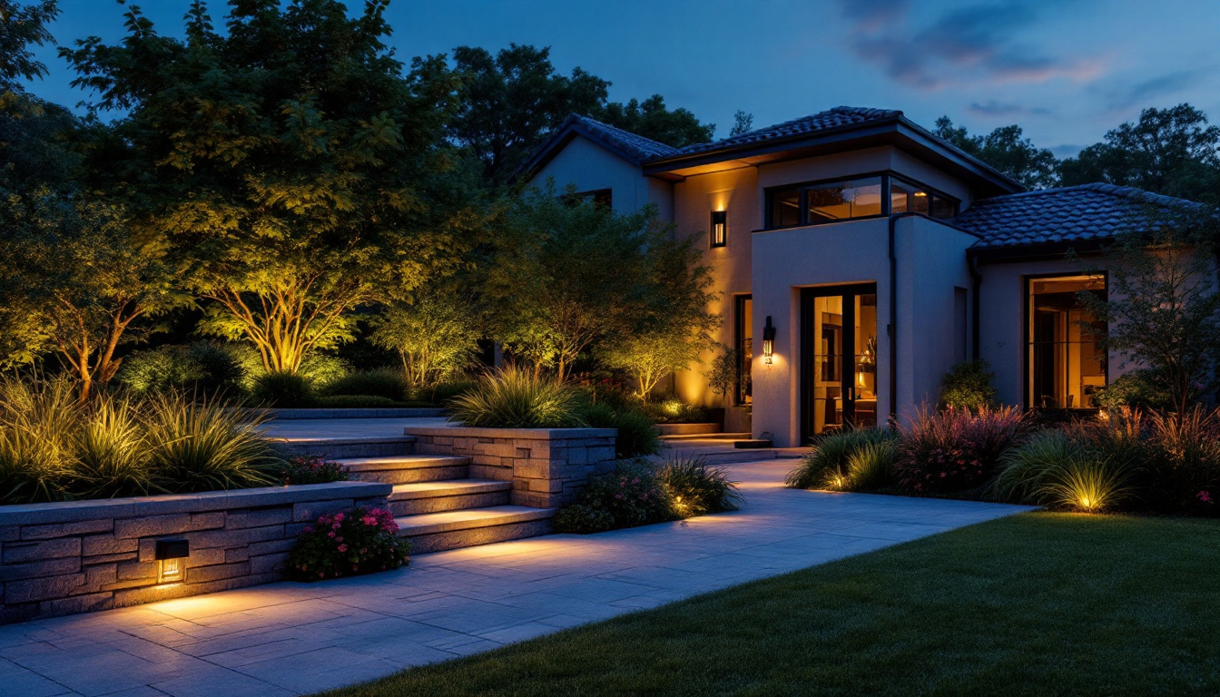 A photograph of a beautifully illuminated outdoor space showcasing various types of exterior lighting fixtures