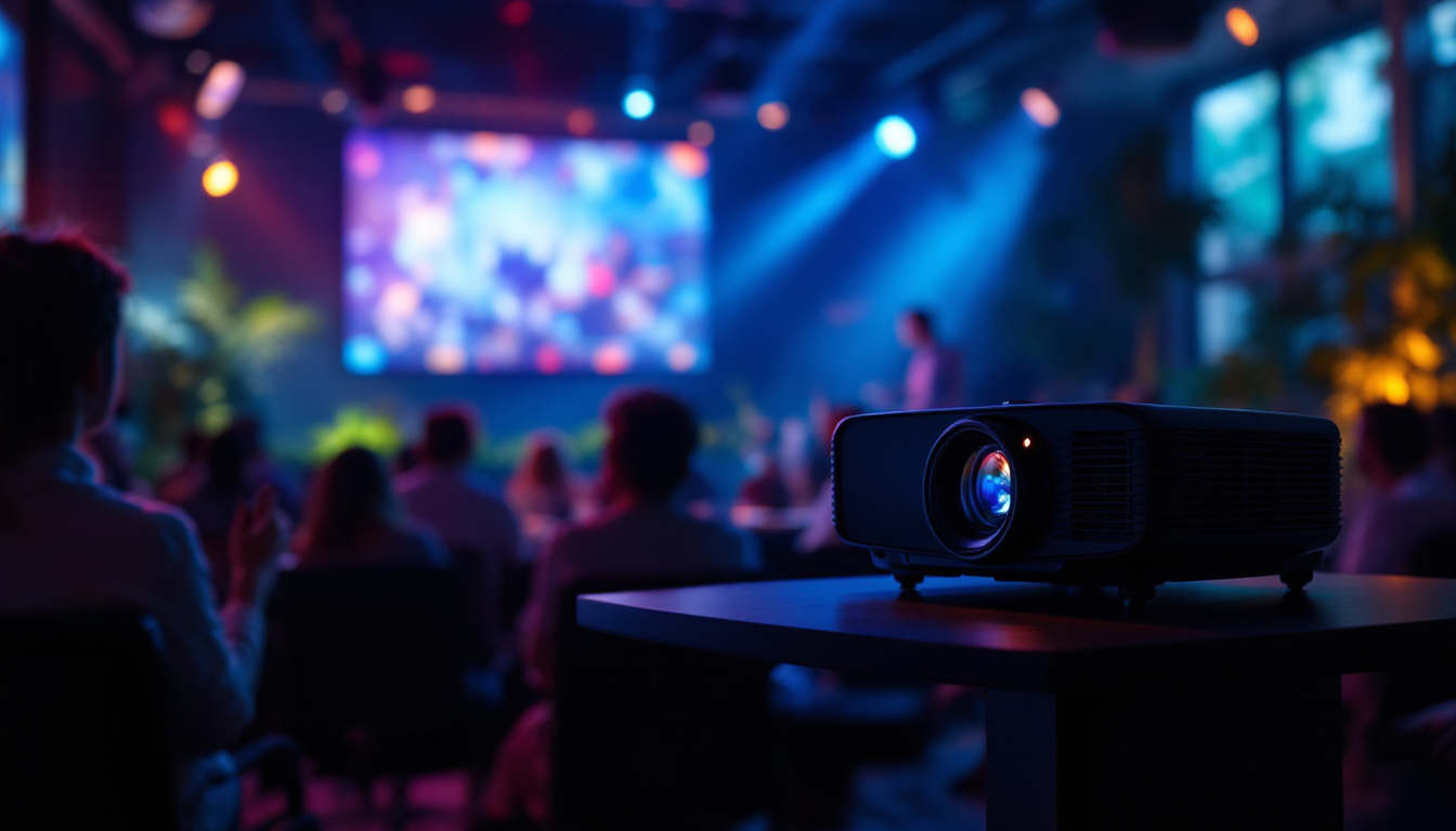 A photograph of a high-performance projector in action