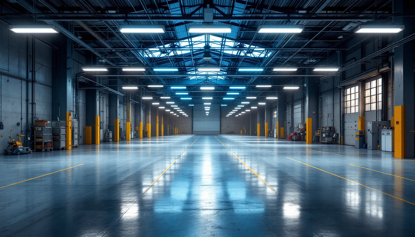 A photograph of a modern industrial space illuminated by led bay lights