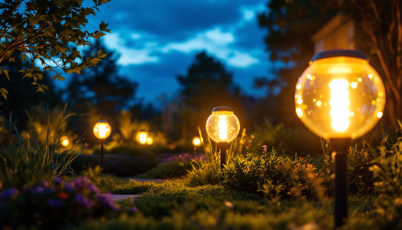 A photograph of capture a photograph of a vibrant outdoor setting illuminated by large solar led lights at dusk