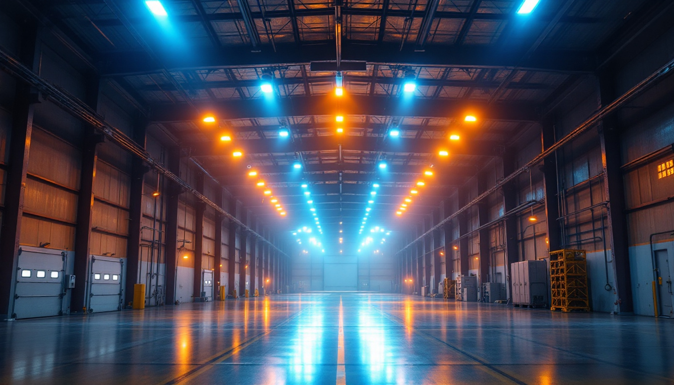 A photograph of a modern industrial space illuminated by highbay led lighting