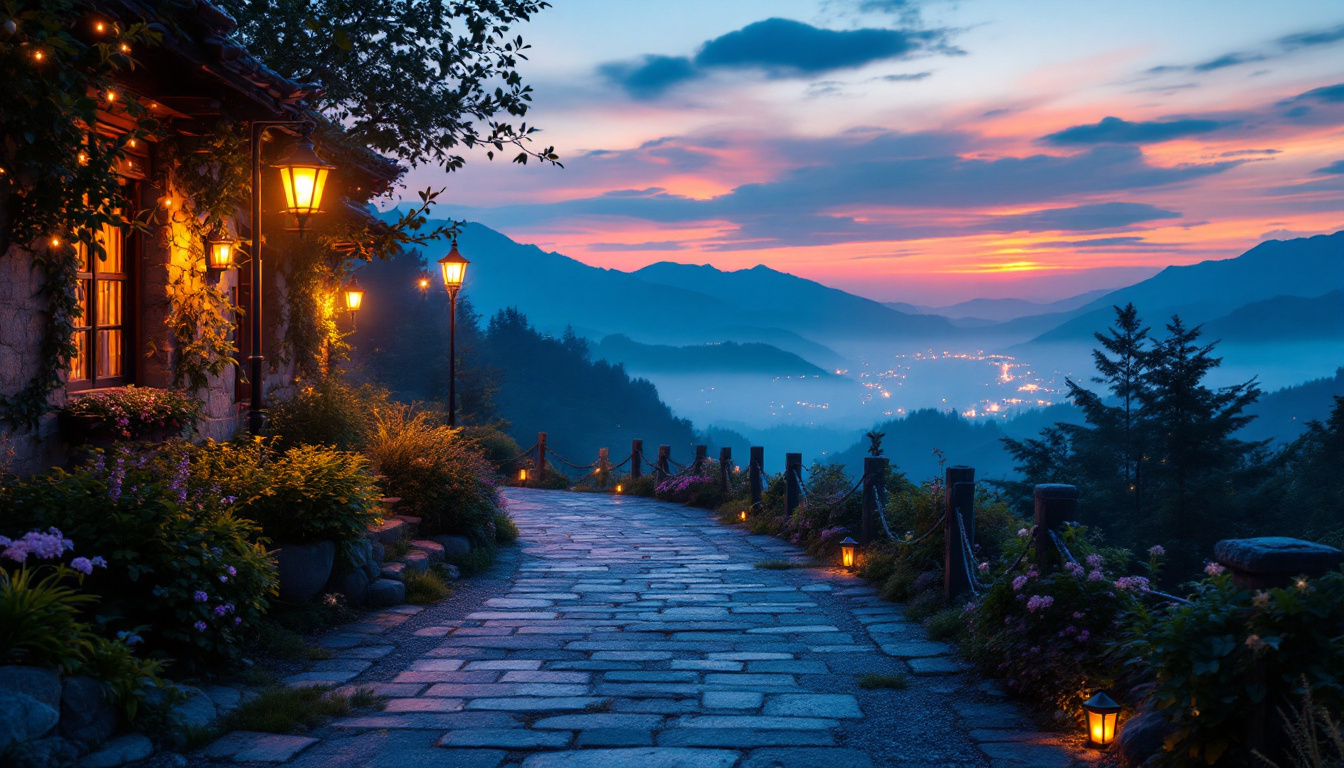 A photograph of an enchanting dusk or dawn scene that highlights the interplay of natural light and artificial dusk dawn lights