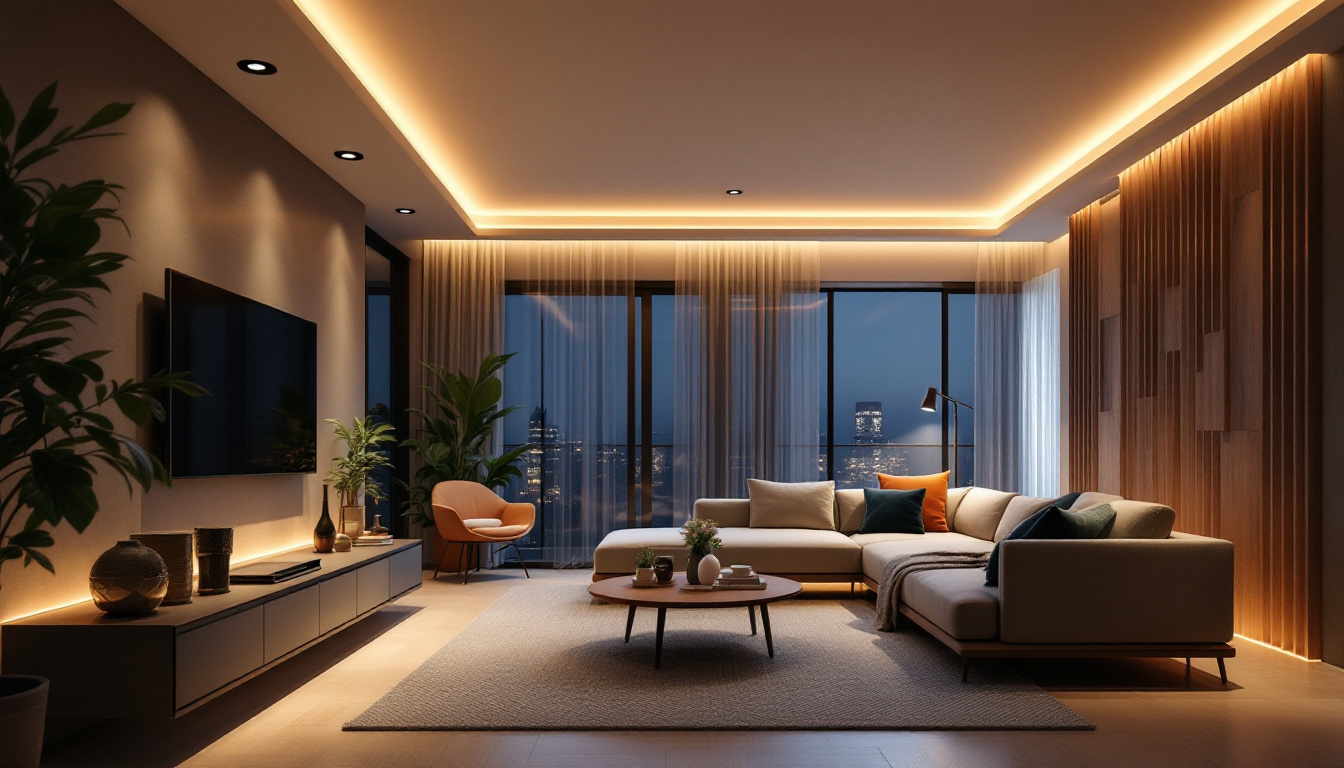A photograph of a modern living space featuring recessed lighting with stylish trim rings