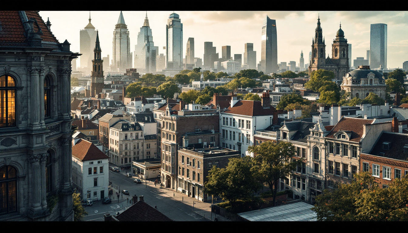 A photograph of a dynamic urban landscape that showcases the contrast between historical and modern architecture