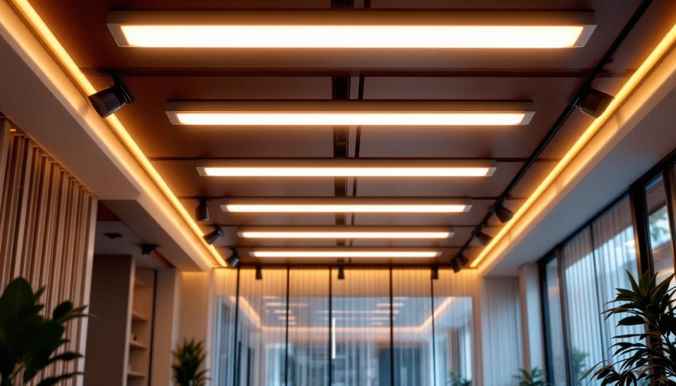 A photograph of a modern interior space illuminated by ceiling strip lights