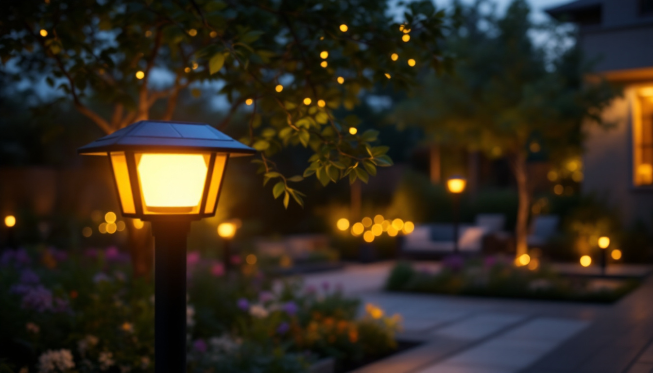 A photograph of a beautifully illuminated outdoor space featuring solar pole lights in action