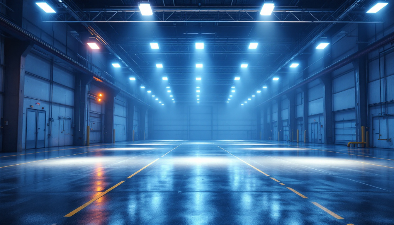 A photograph of a spacious industrial or commercial setting illuminated by high bay led lights