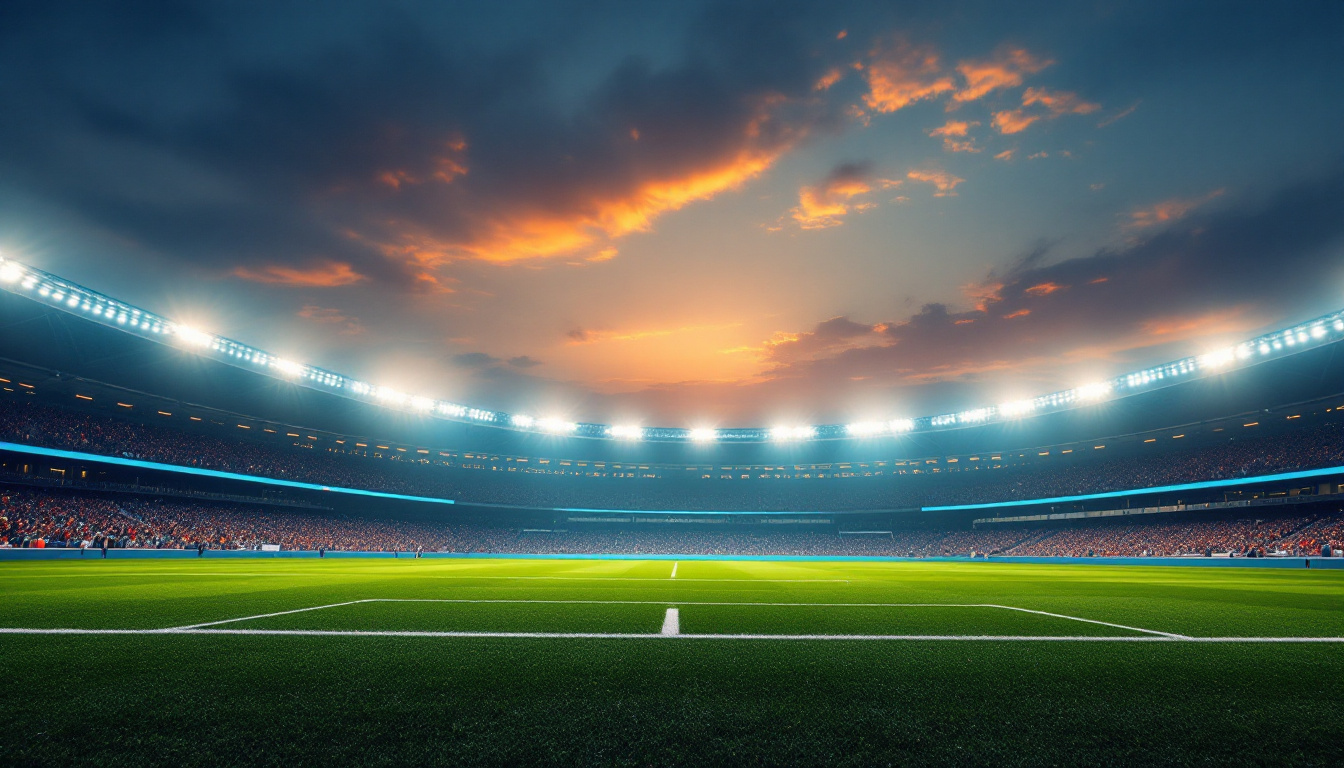 A photograph of a vibrant stadium scene at dusk