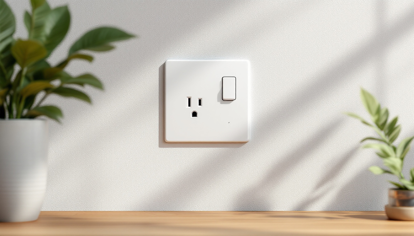 A photograph of a stylishly designed electrical outlet and switch set against a modern interior backdrop