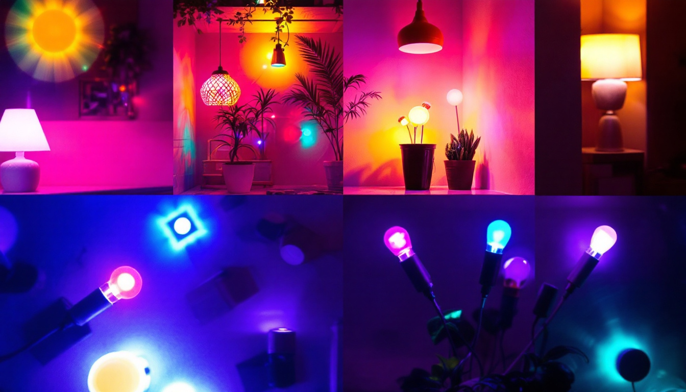 A photograph of a vibrant display of various 8 led lights in different settings