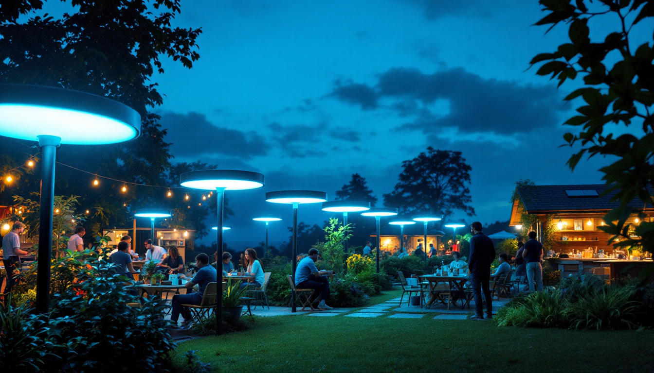 A photograph of a vibrant outdoor setting illuminated by fluorescent large solar lights at dusk