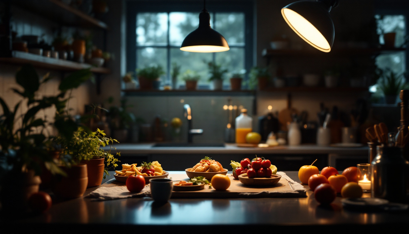 A photograph of a well-lit kitchen scene showcasing various commercial video lighting setups