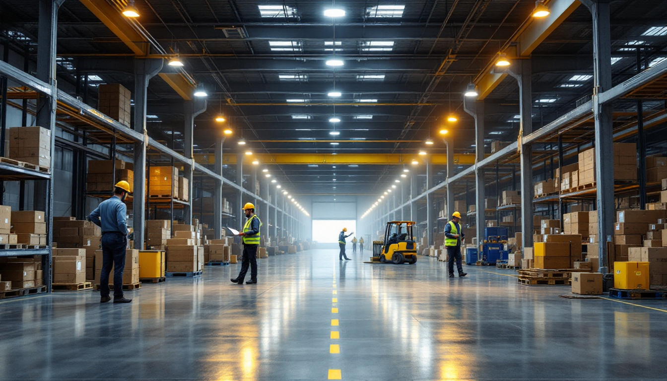 A photograph of a well-lit warehouse interior showcasing the versatility and functionality of warehouse lighting
