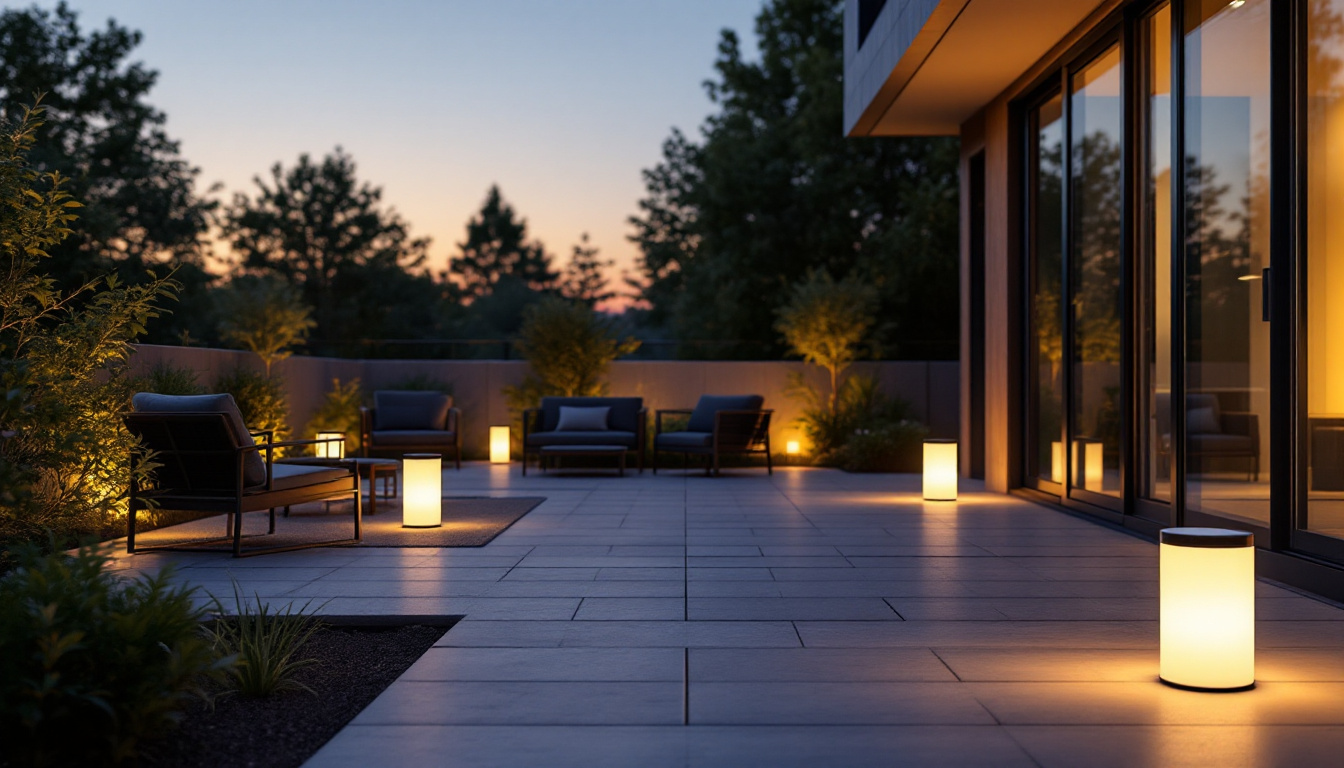 A photograph of a modern outdoor space illuminated by various styles of solar lights