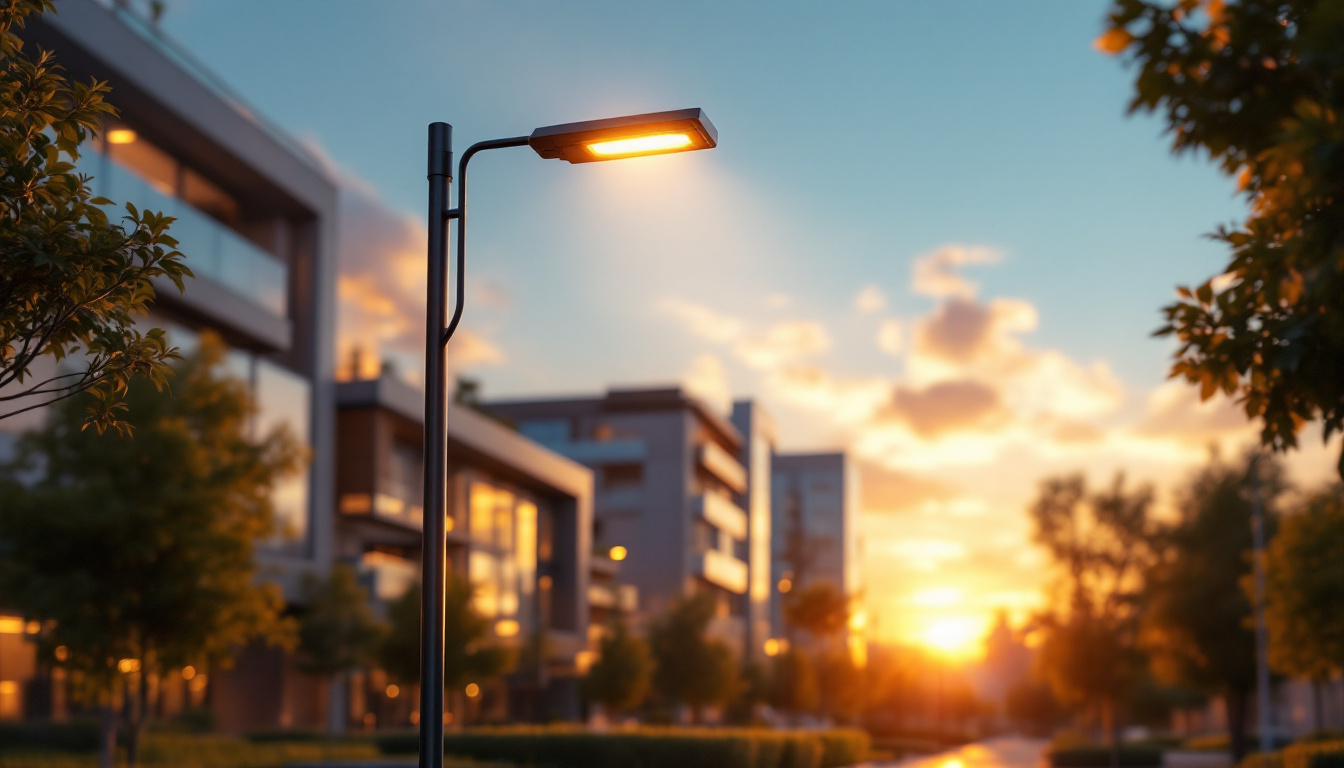 A photograph of a stylishly designed commercial street light post illuminating a vibrant urban setting