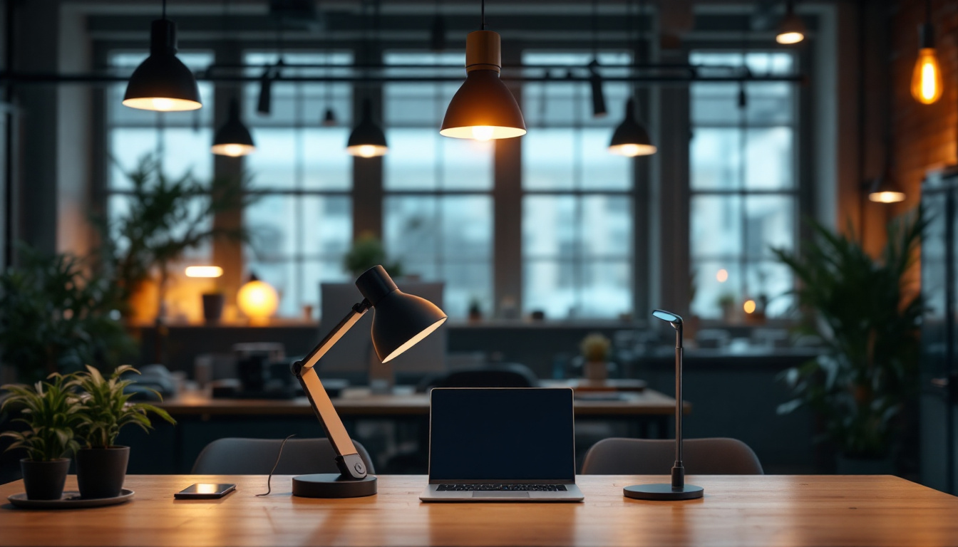 A photograph of a modern industrial workspace featuring innovative lighting fixtures that highlight their design and functionality