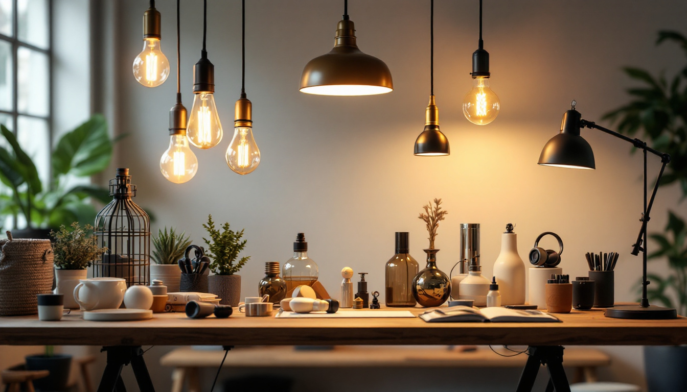 A photograph of a well-lit workspace showcasing an array of high-quality lamp pendant parts