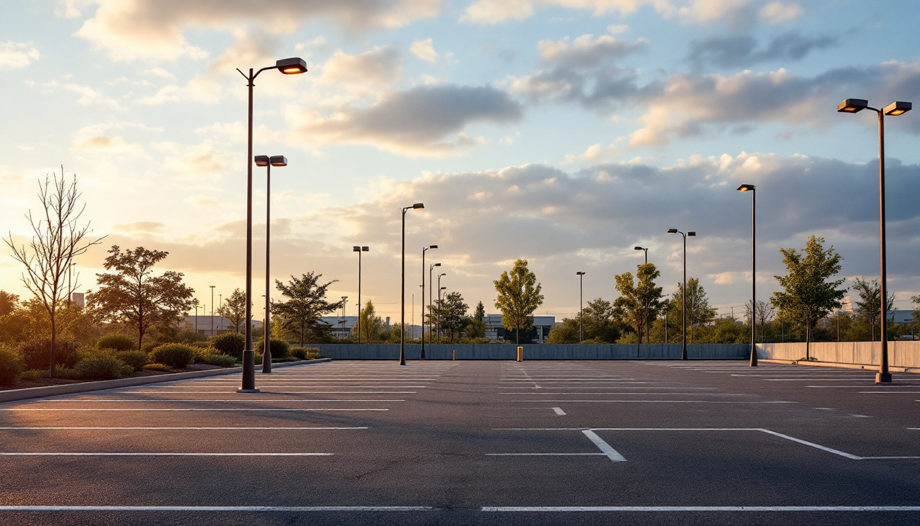 A photograph of a well-maintained parking lot featuring various types of poles