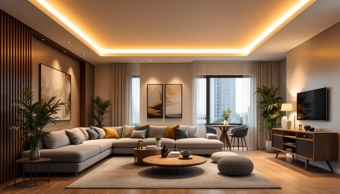 A photograph of a modern living space featuring stylish led strip ceiling lights that illuminate the room's design elements while highlighting their energy-efficient benefits
