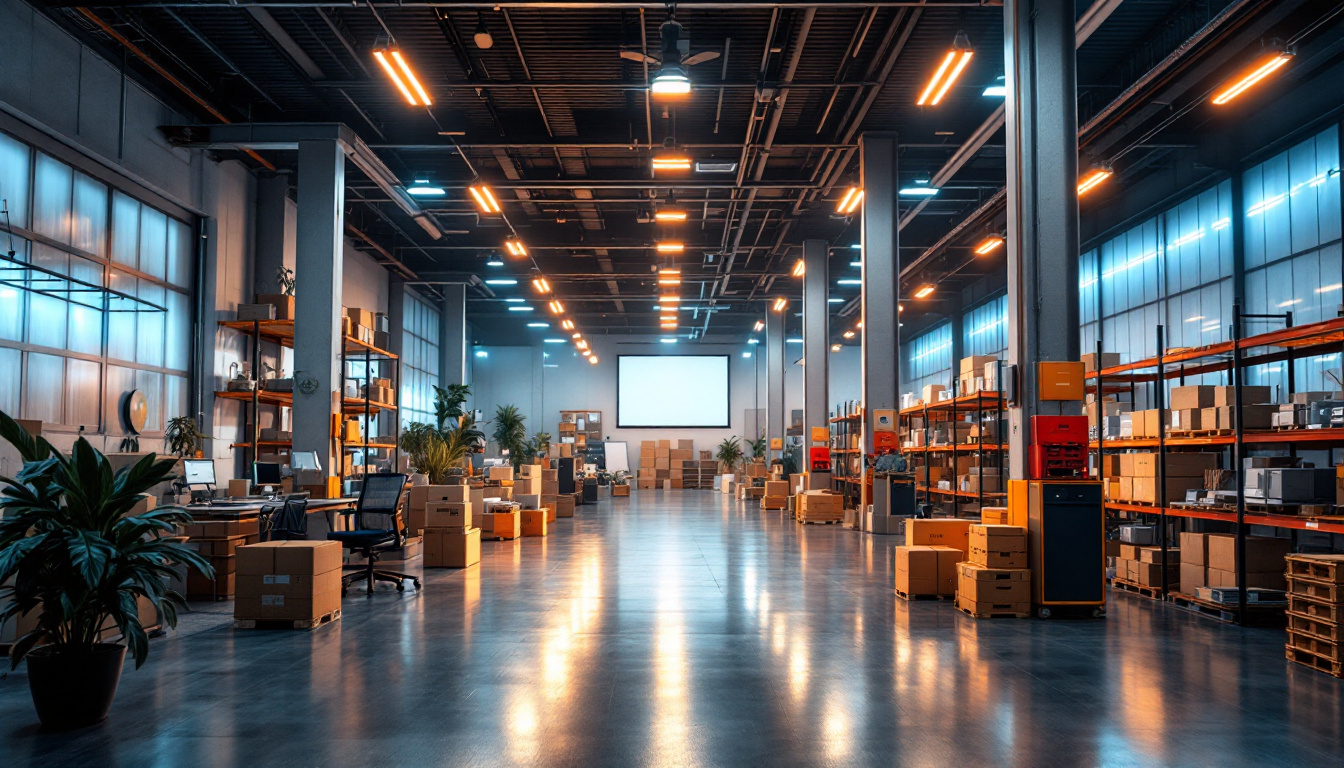 A photograph of a brightly lit warehouse interior showcasing various creative applications of led warehouse lights