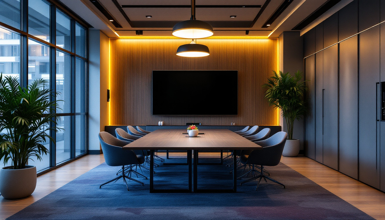 A photograph of a modern conference room featuring innovative lighting solutions