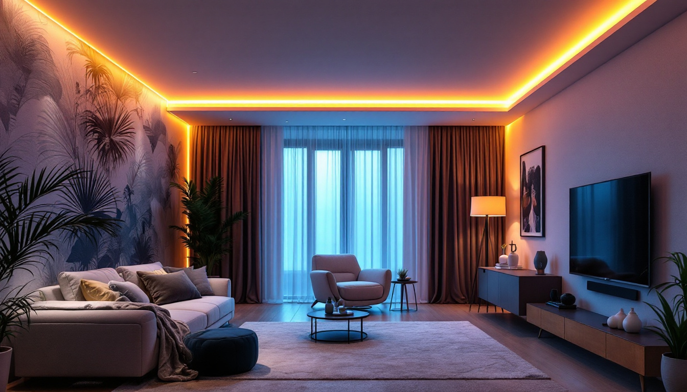A photograph of a modern living space illuminated by vibrant led ceiling light strips