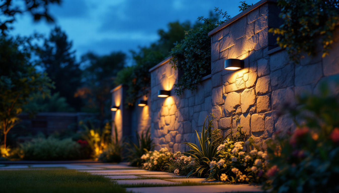 A photograph of a beautifully lit outdoor space featuring stylish solar wall lights illuminating a garden or patio at dusk