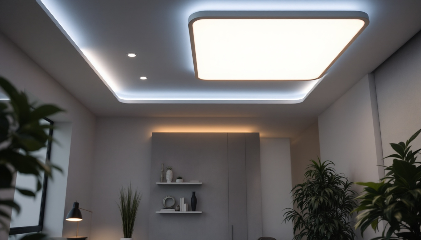 A photograph of a modern interior space featuring flat ceiling led lights